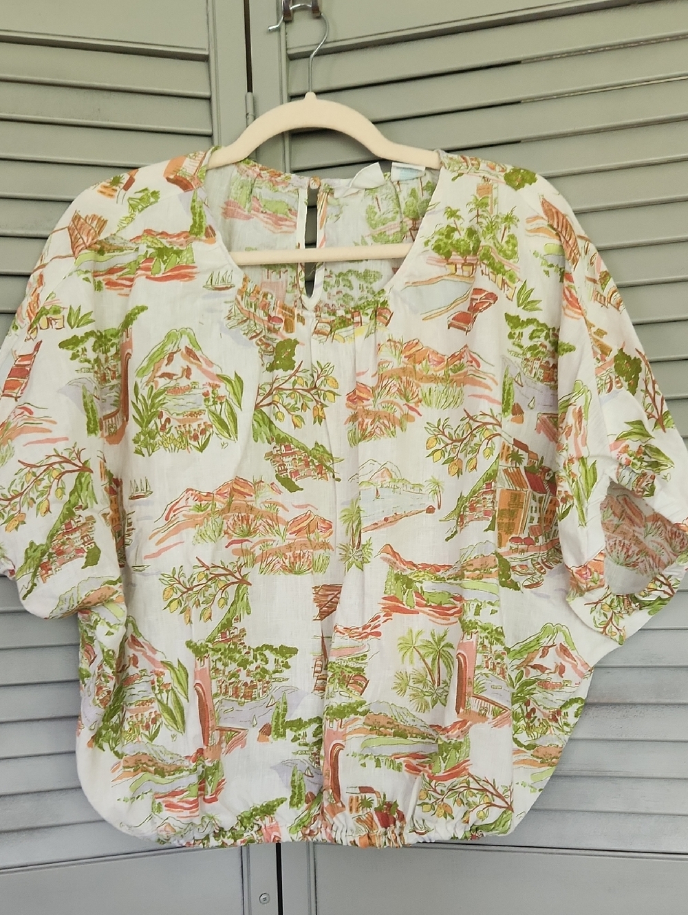 Cynthia Rowley 100% Linen Tropical Print Orange Green White Casual Relaxed Puffy